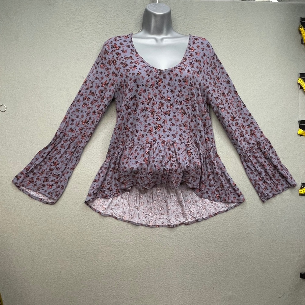 Mossimo Women Blouse Rayon Floral Small Boho Bell Sleeve Peplum Top Purple